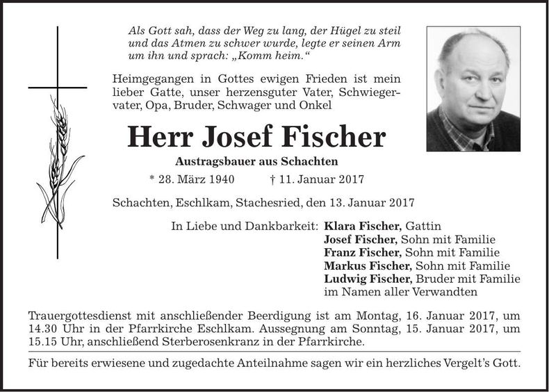 Traueranzeige Josef Fischer