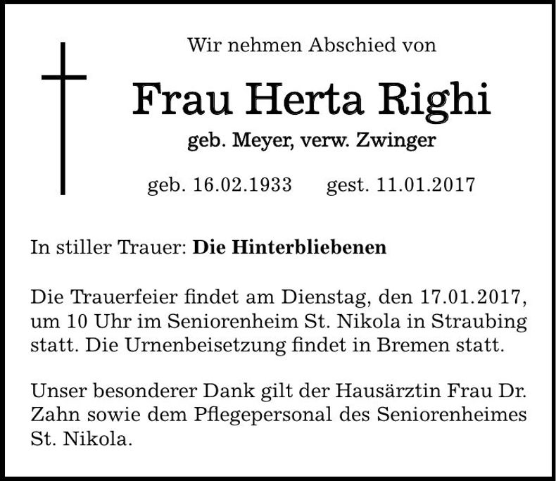Traueranzeige Herta Righi