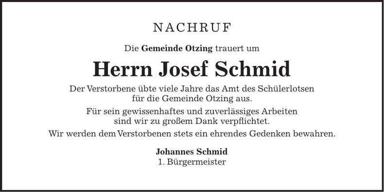 Traueranzeige Josef Schmid