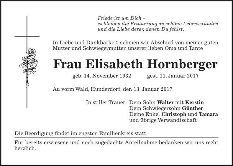 Traueranzeige Elisabeth Hornberger