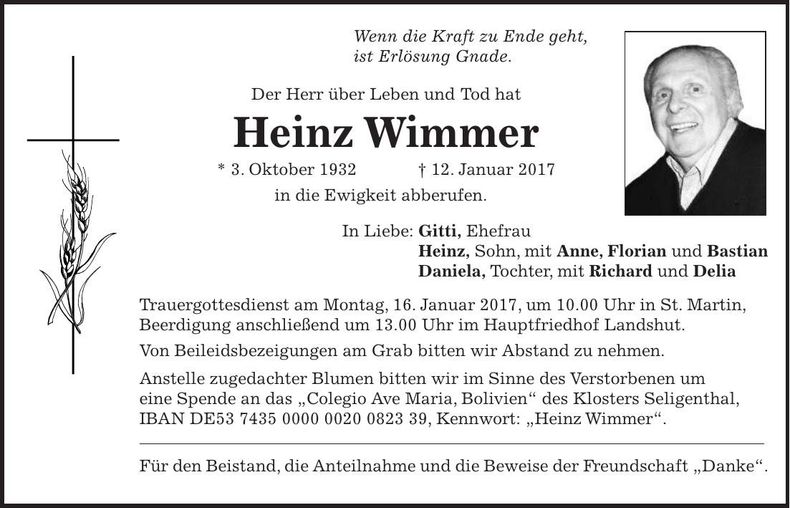 Traueranzeige Heinz Wimmer