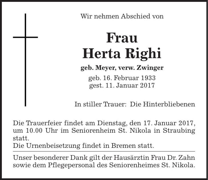 Traueranzeige Herta Righi