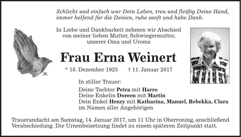 Traueranzeige Erna Weinert
