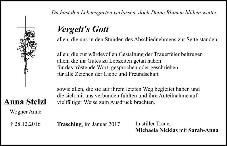 Traueranzeige Anna Stelzl