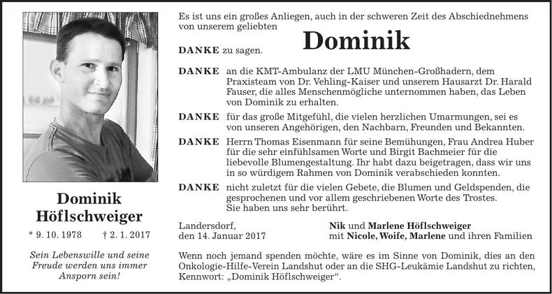 Traueranzeige Dominik Höflschweiger