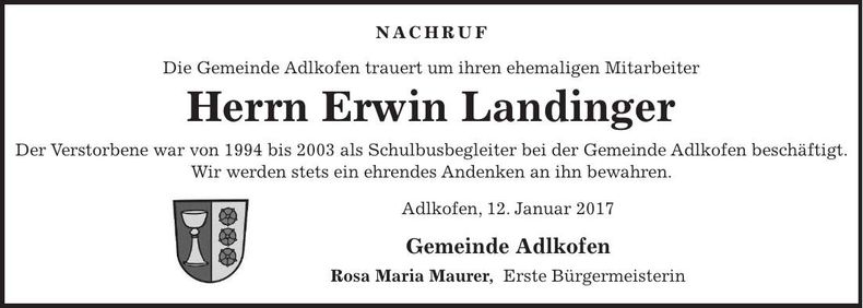 Traueranzeige Erwin Landinger