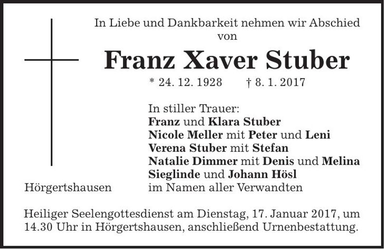 Traueranzeige Franz Xaver Stuber