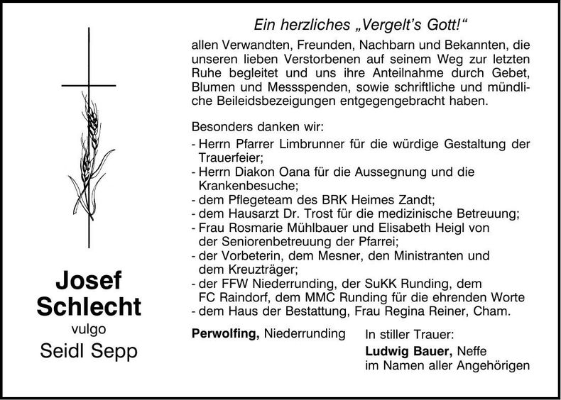 Traueranzeige Josef Schlecht