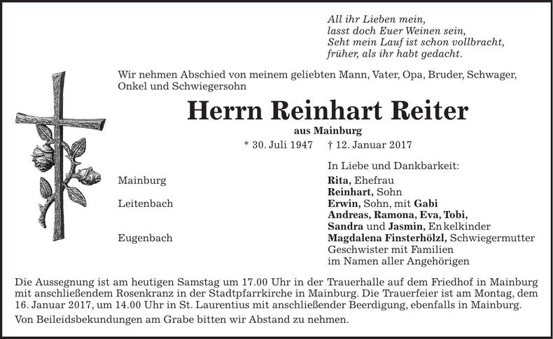 Traueranzeige Reinhart Reiter