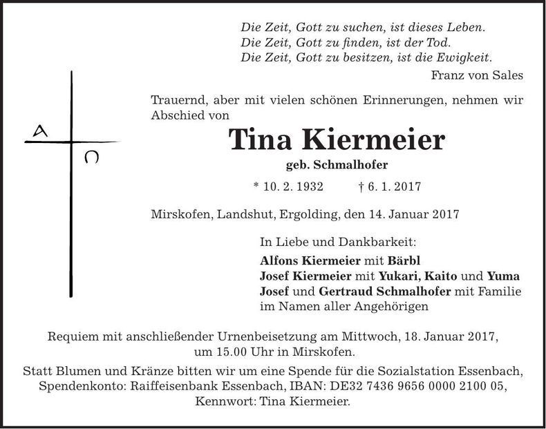 Traueranzeige Tina Kiermeier