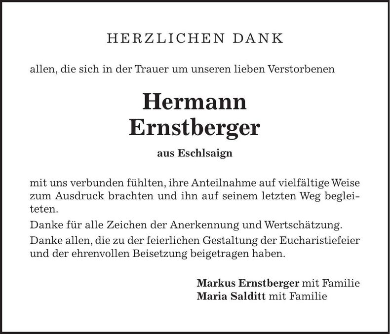 Traueranzeige Hermann Ernstberger