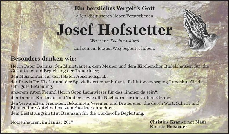 Traueranzeige Josef Hofstetter