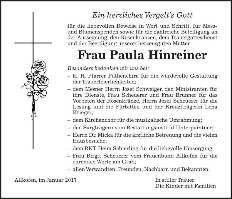 Traueranzeige Paula Hinreiner
