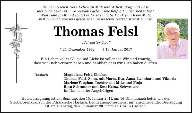 Traueranzeige Thomas Felsl