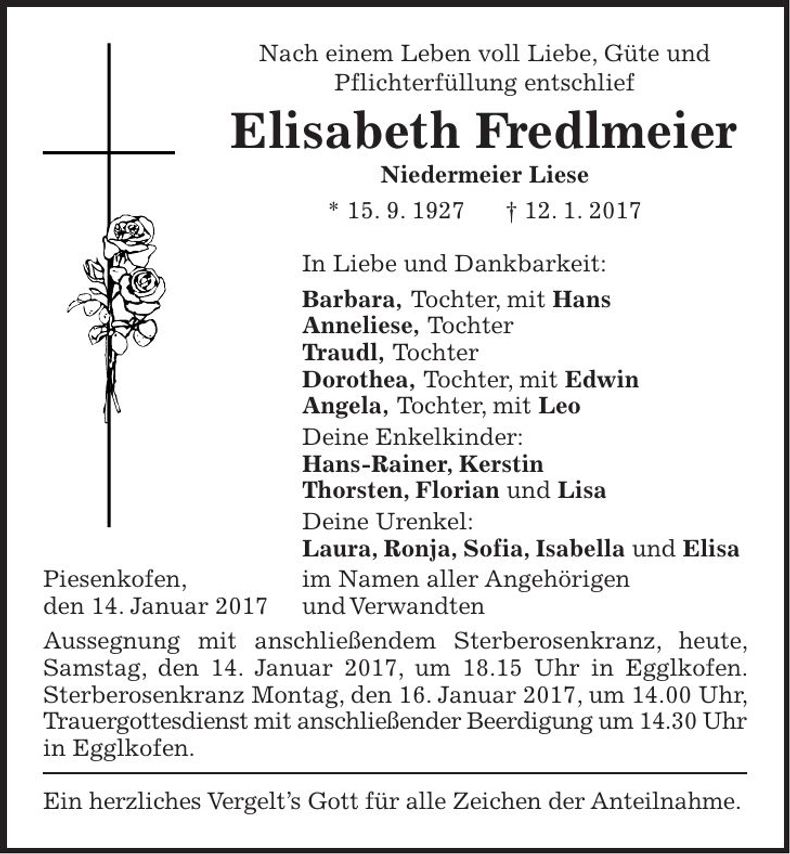 Traueranzeige Elisabeth Fredlmeier