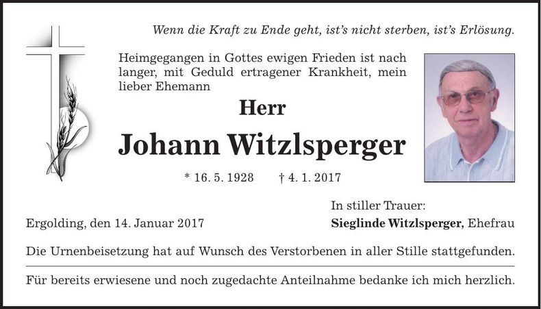 Traueranzeige Johann Witzlsperger