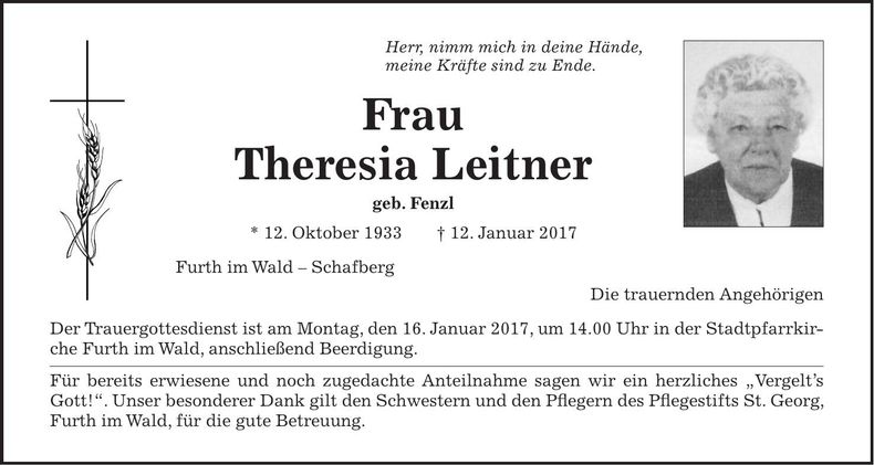 Traueranzeige Theresia Leitner