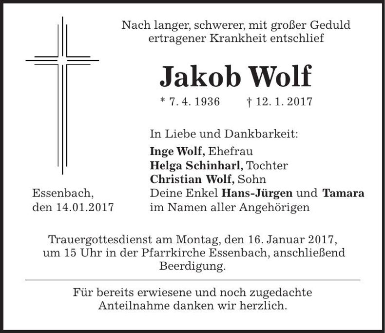 Traueranzeige Jakob Wolf