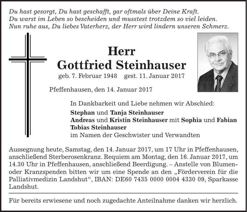 Traueranzeige Gottfried Steinhauser
