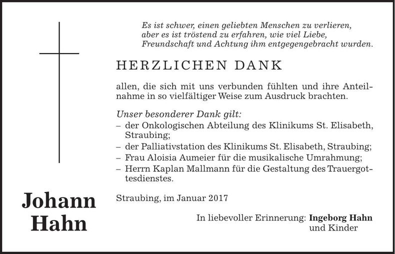 Traueranzeige Johann Hahn