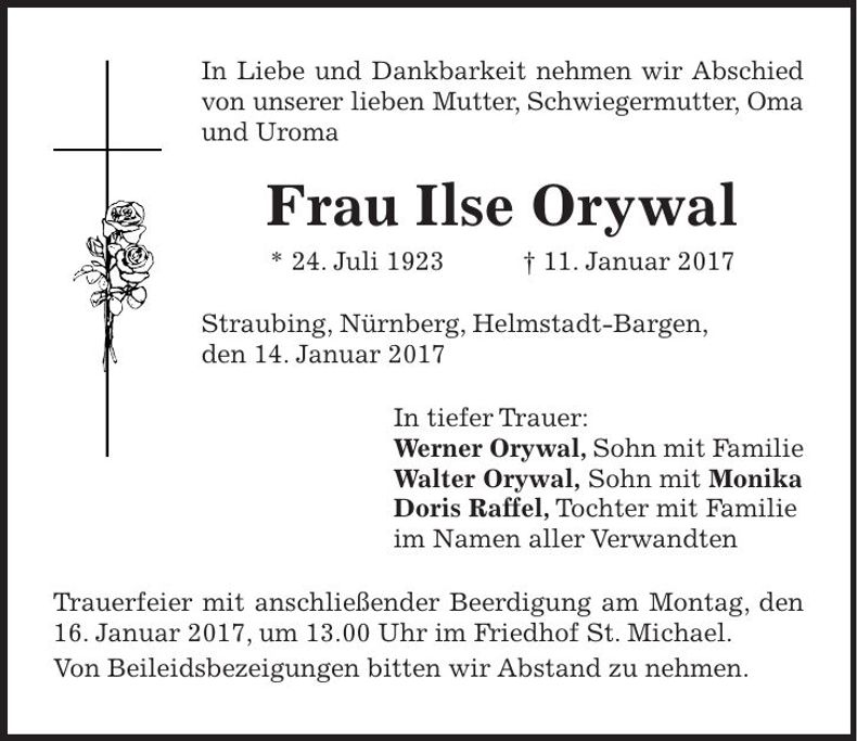 Traueranzeige Ilse Orywal