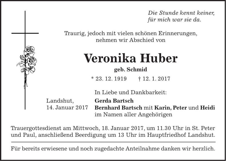 Traueranzeige Veronika Huber