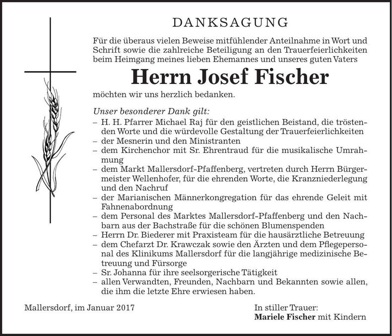 Traueranzeige Josef Fischer
