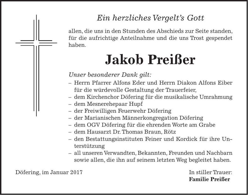 Traueranzeige Jakob Preißer