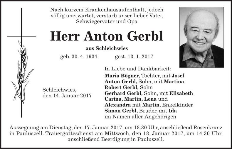 Traueranzeige Anton Gerbl