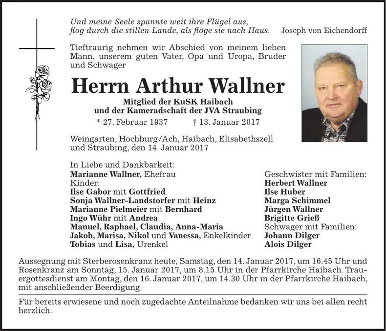 Traueranzeige Arthur Wallner