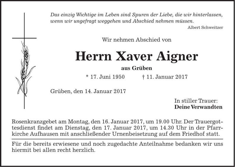 Traueranzeige Xaver Aigner