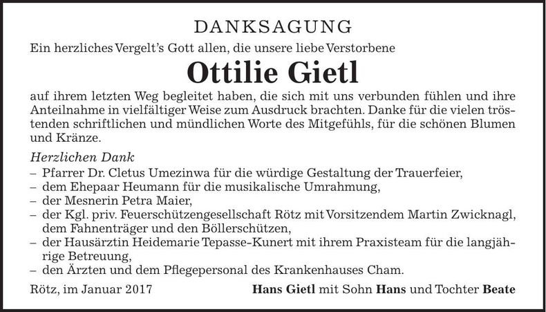 Traueranzeige Ottilie Gietl
