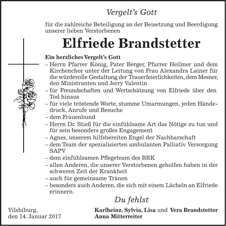 Traueranzeige Elfriede Brandstetter