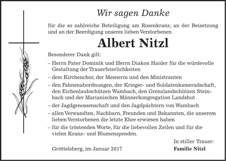 Traueranzeige Albert Nitzl