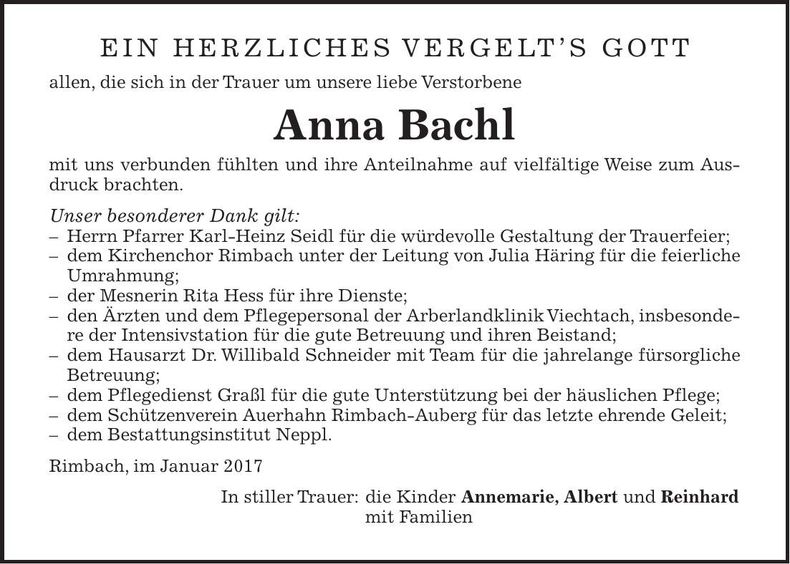 Traueranzeige Anna Bachl