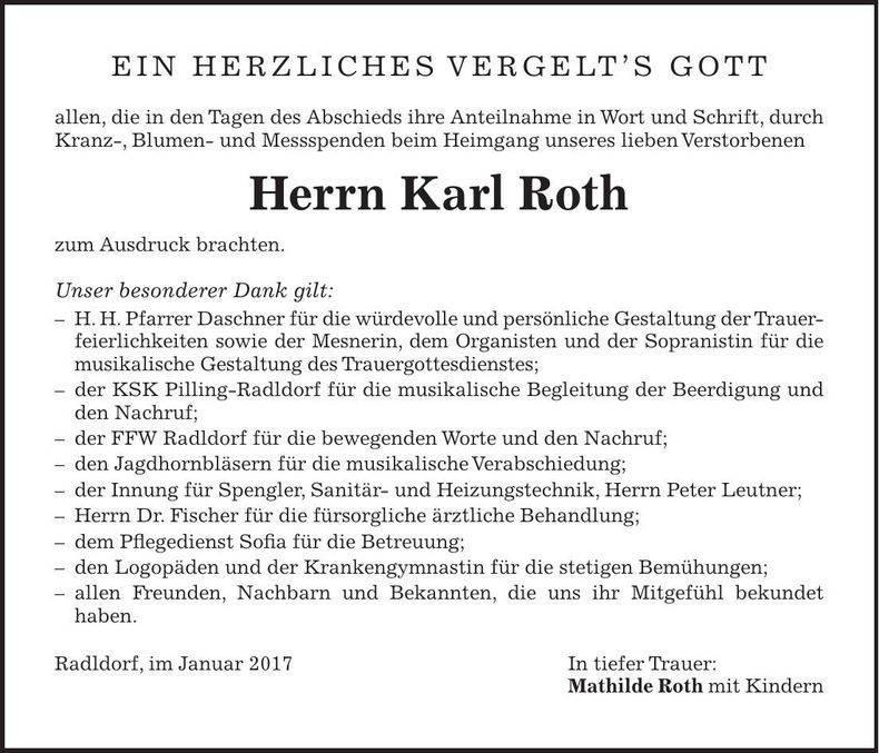 Traueranzeige Karl Roth