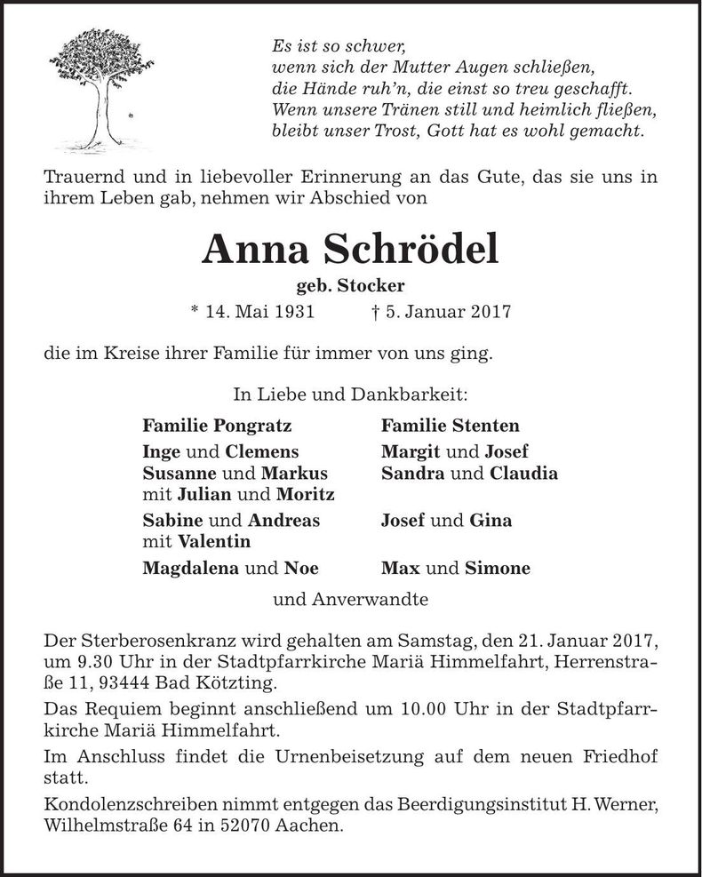 Traueranzeige Anna Schrödel