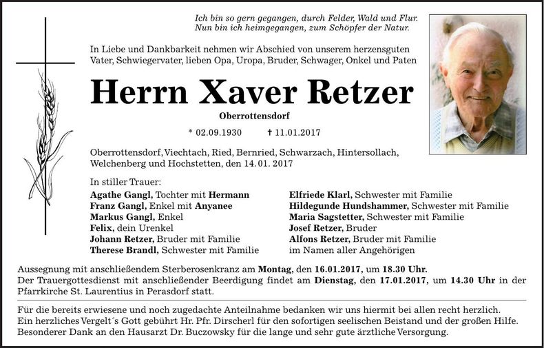 Traueranzeige Xaver Retzer