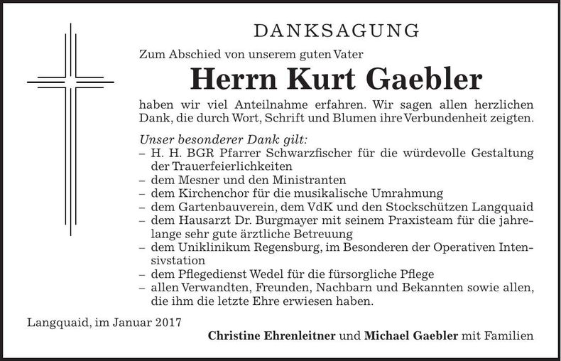 Traueranzeige Kurt Gaebler