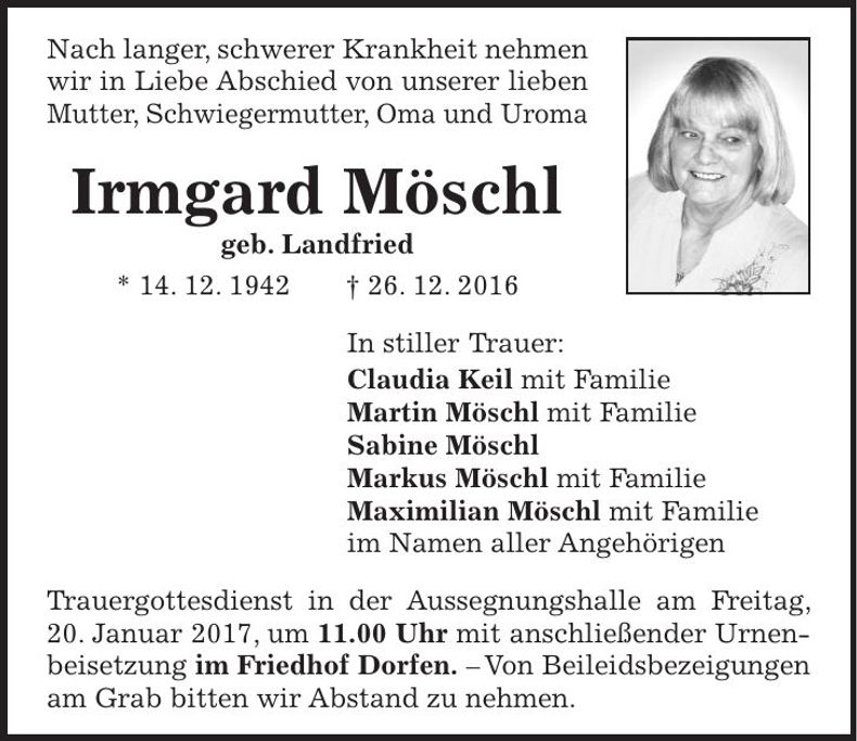 Traueranzeige Irmgard Möschl