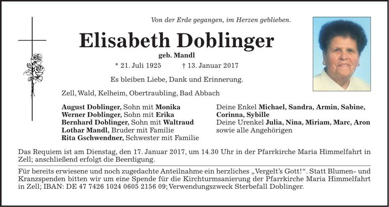 Traueranzeige Elisabeth Doblinger