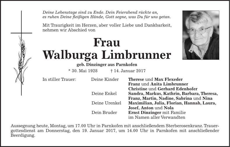 Traueranzeige Walburga Limbrunner