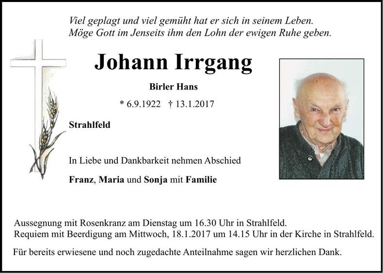 Traueranzeige Johann Irrgang