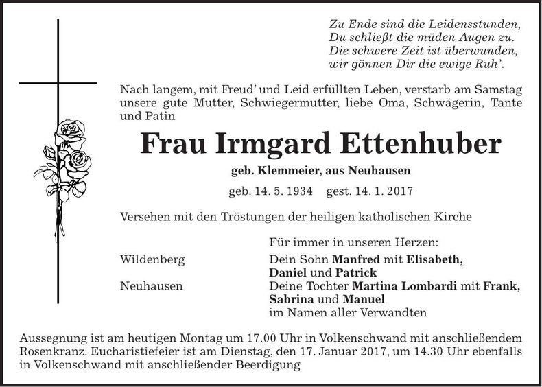 Traueranzeige Irmgard Ettenhuberg