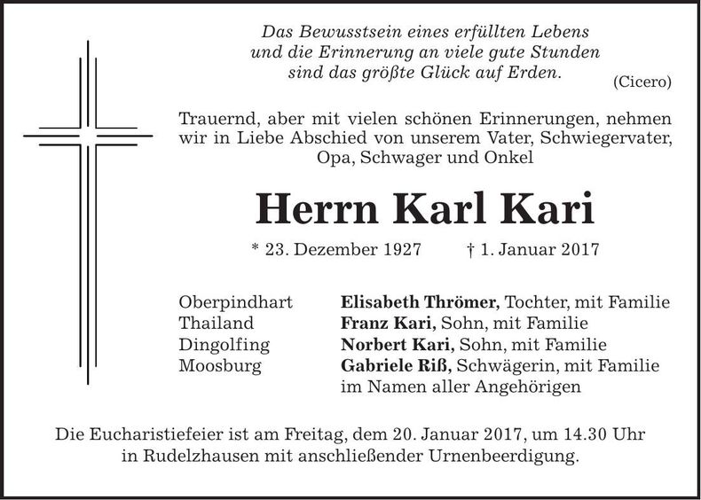 Traueranzeige Karl Kari