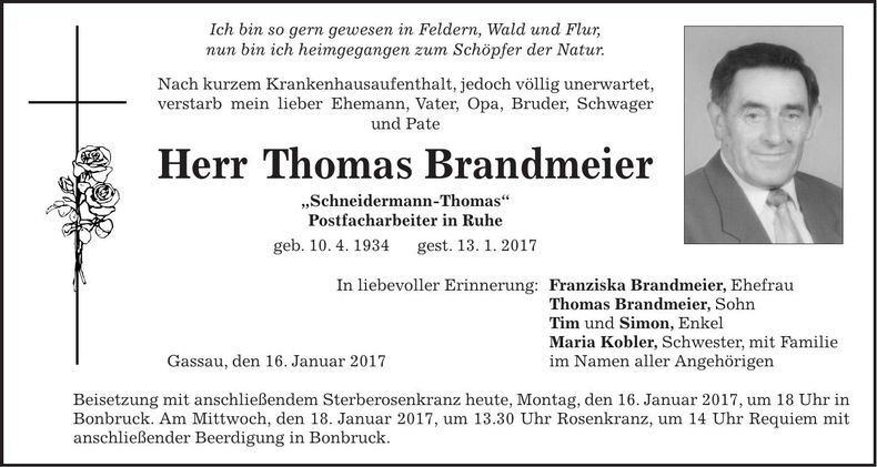 Traueranzeige Thomas Brandmeier