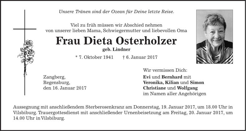 Traueranzeige Dieta Osterholzer