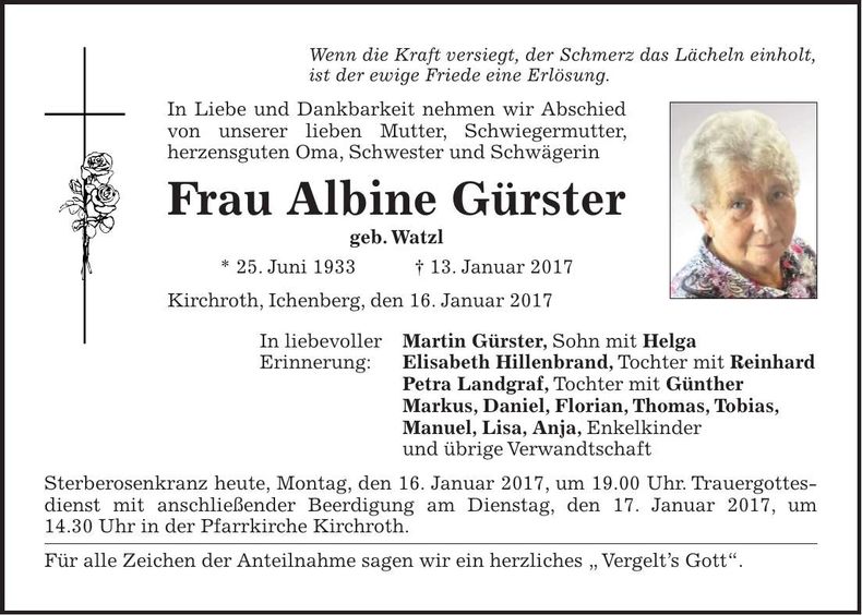 Traueranzeige Albine Gürster