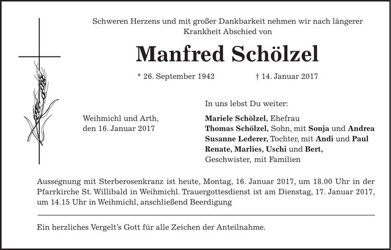 Traueranzeige Manfred Schölzel
