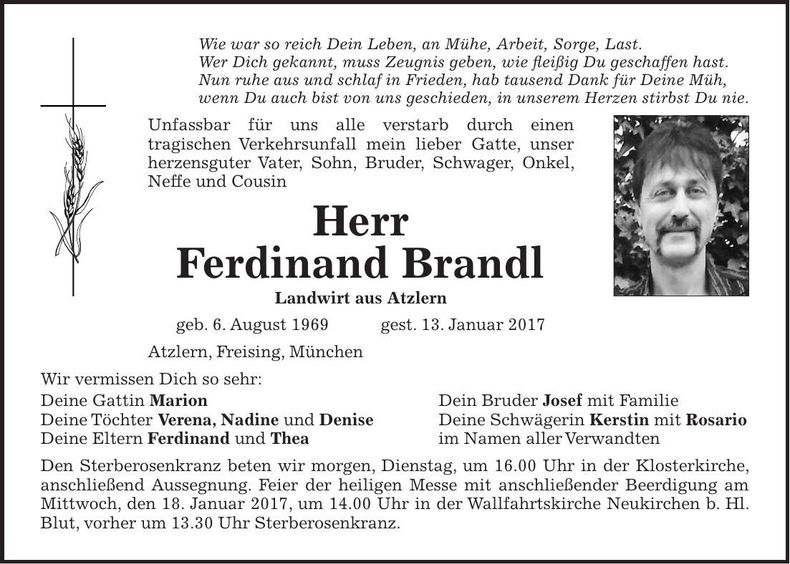 Traueranzeige Ferdinand Brandl